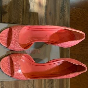 Judith Lieber embossed peep toe pumps